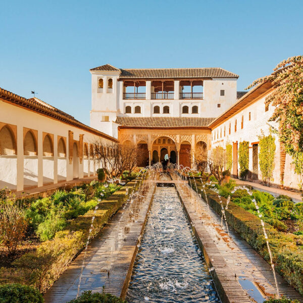 Courtyard and fountains of Generalife palace in Alhambra, Granada